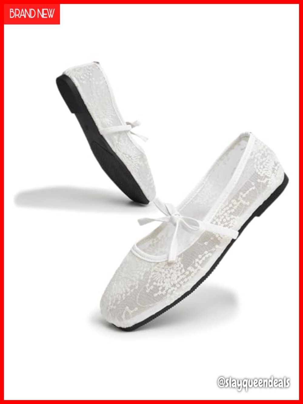 DEQIN Lace Sequin Ballet Flats Square Toe Bow Tie Ribbon Women's